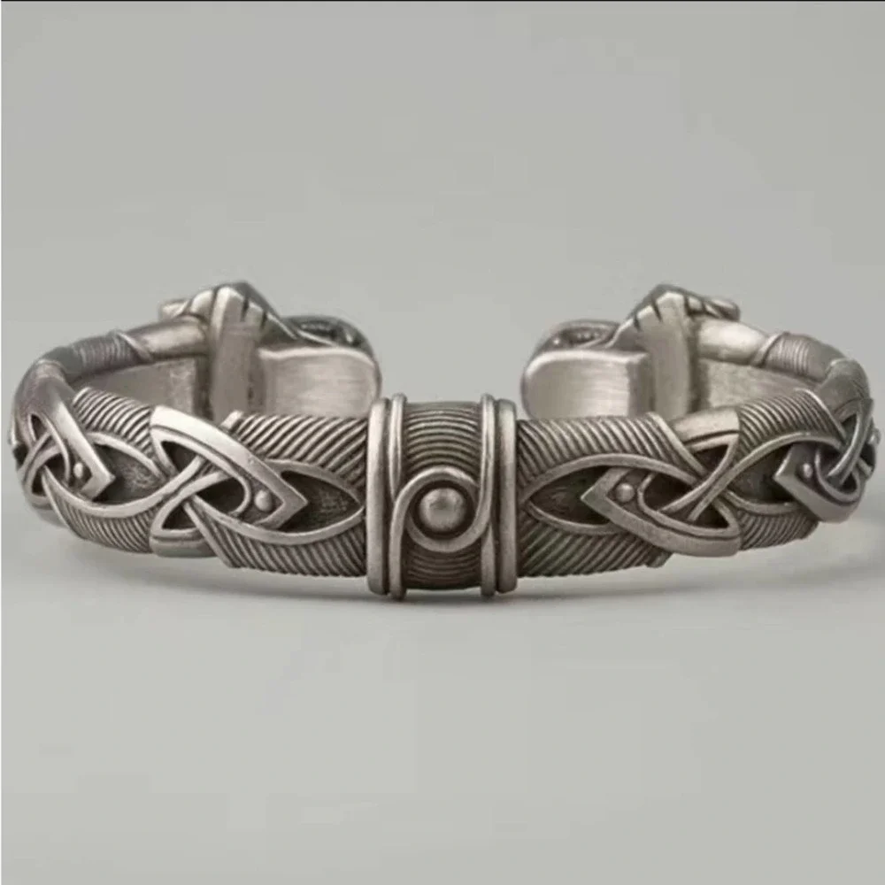 Silver Wolf Head Viking Norse Knotwork Cuff Bangle Bracelet